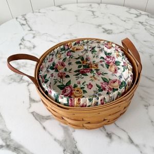 Vintage LONGABERGER Round Basket with Leather Handles Fabric Liner 9.5" 1993